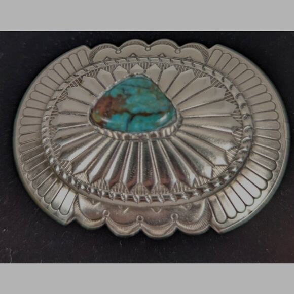 Belt buckle Sterling Silver Royston Turquoise Nev Oval,cast,oxidized,bezel set - Picture 2 of 10